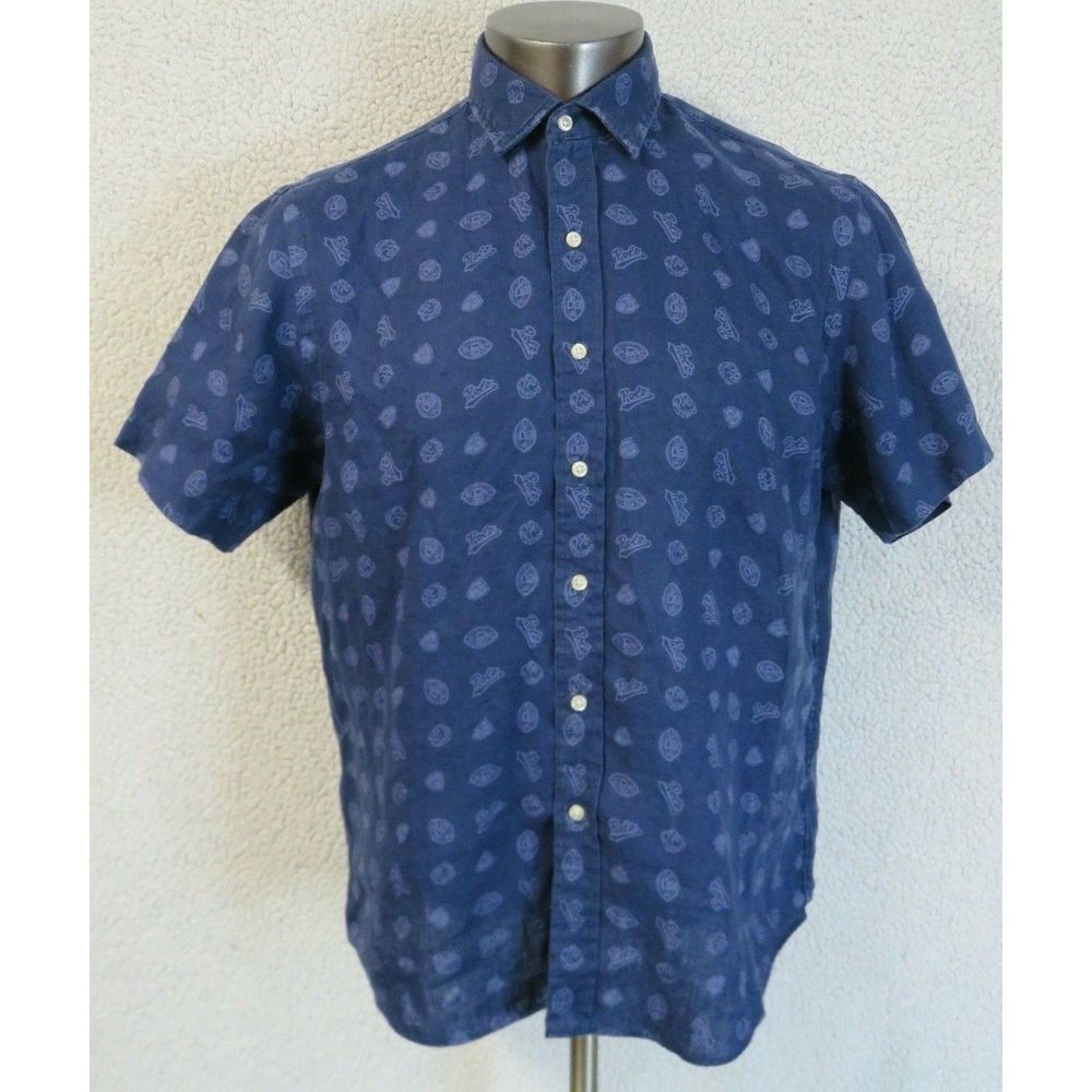 Mens Ralph Lauren Short Sleeve Button Front Shirt Linen Size L Blue Button Front